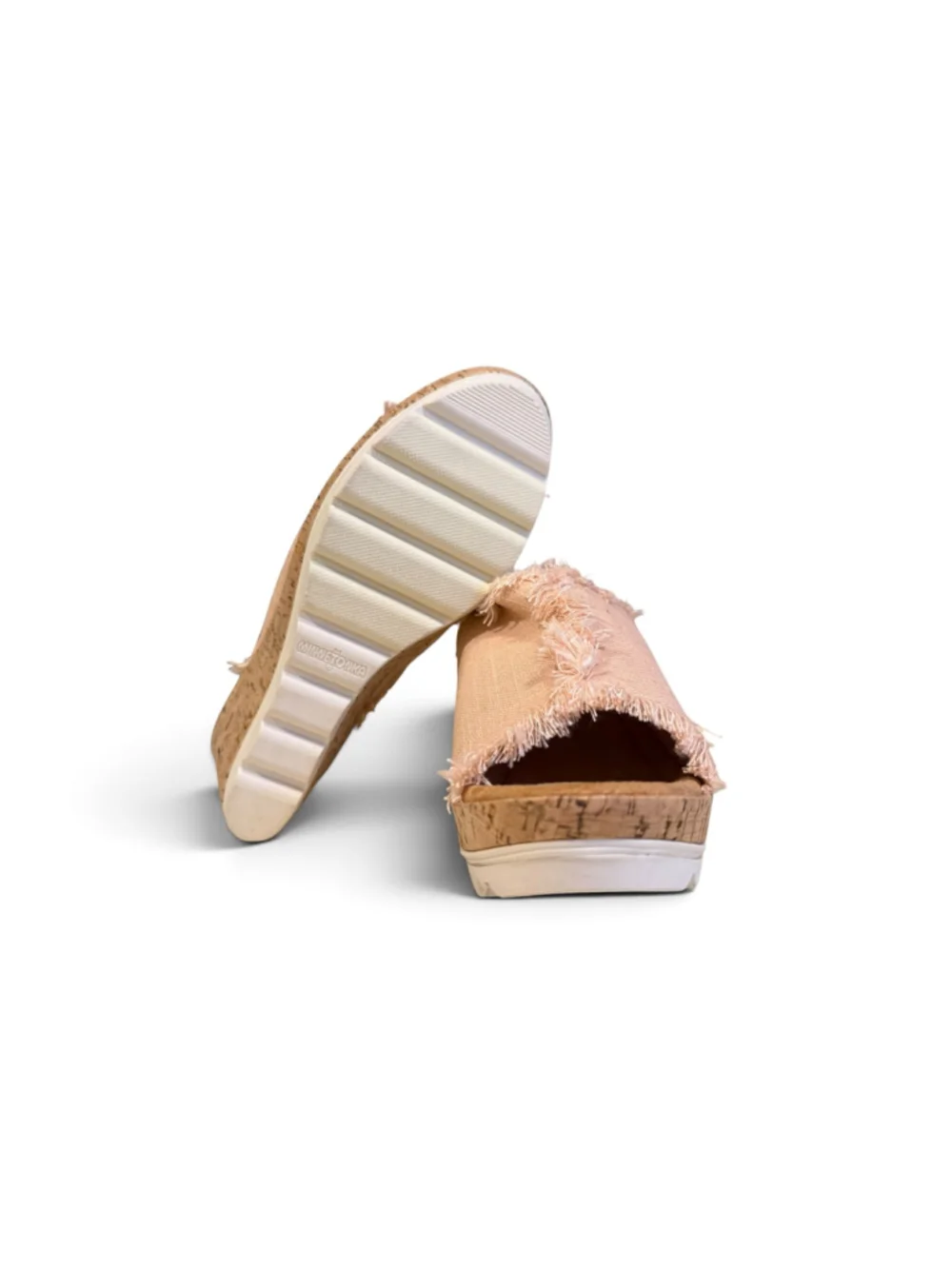 Minnetonka Women’s Size 11 Pink Blush Fabric Cork Wedge Slide Sandals Frayed Edg